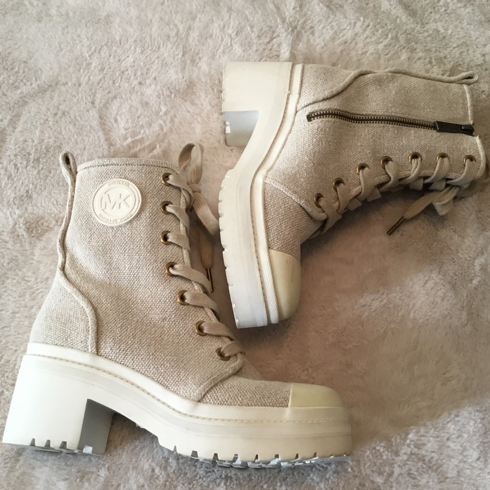 Michael Kors Corey Beige Textile & Rubber Combat Boots - 6 - Picture 1 of 10